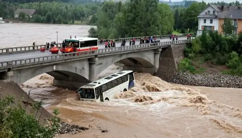 Под Туапсе автобус с 25 людьми рухнул в реку при паводке, все спасены
